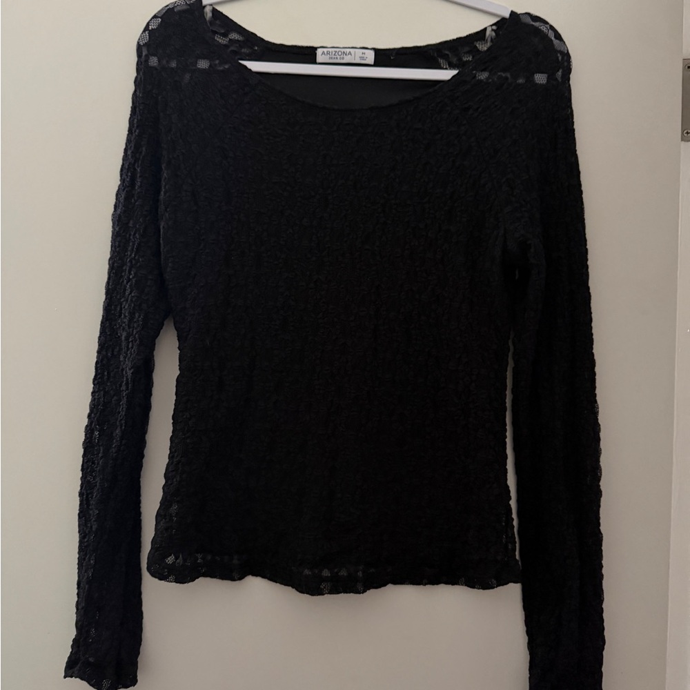 Arizona Sheer Lace Mesh Long Sleeve Top Black Fitted Stretch Size M